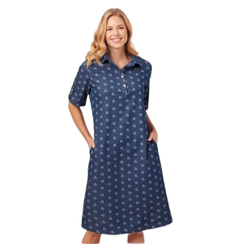 Denim Moves Daisy Print 100% Cotton Midi Shift Dress W/ Pockets Size 16W
